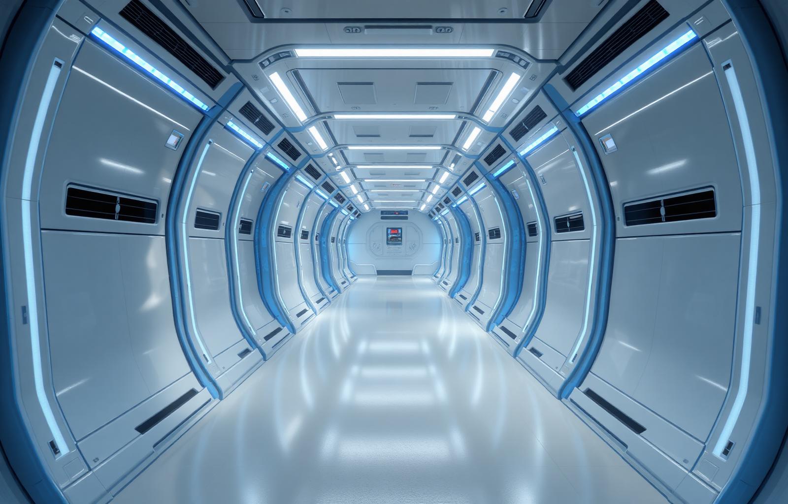 Sci-fi spaceship corridor with glowing blue accent lights and white panels