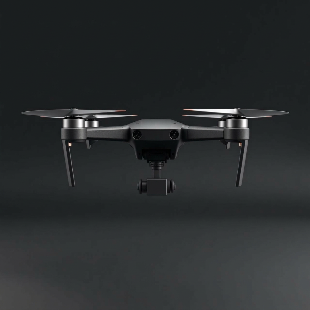 Hard-surface quadcopter drone with gimbal camera against dark backdrop