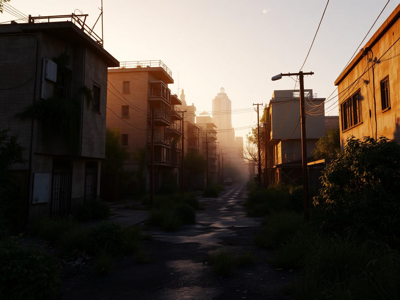 Abandoned urban environment render at golden hour