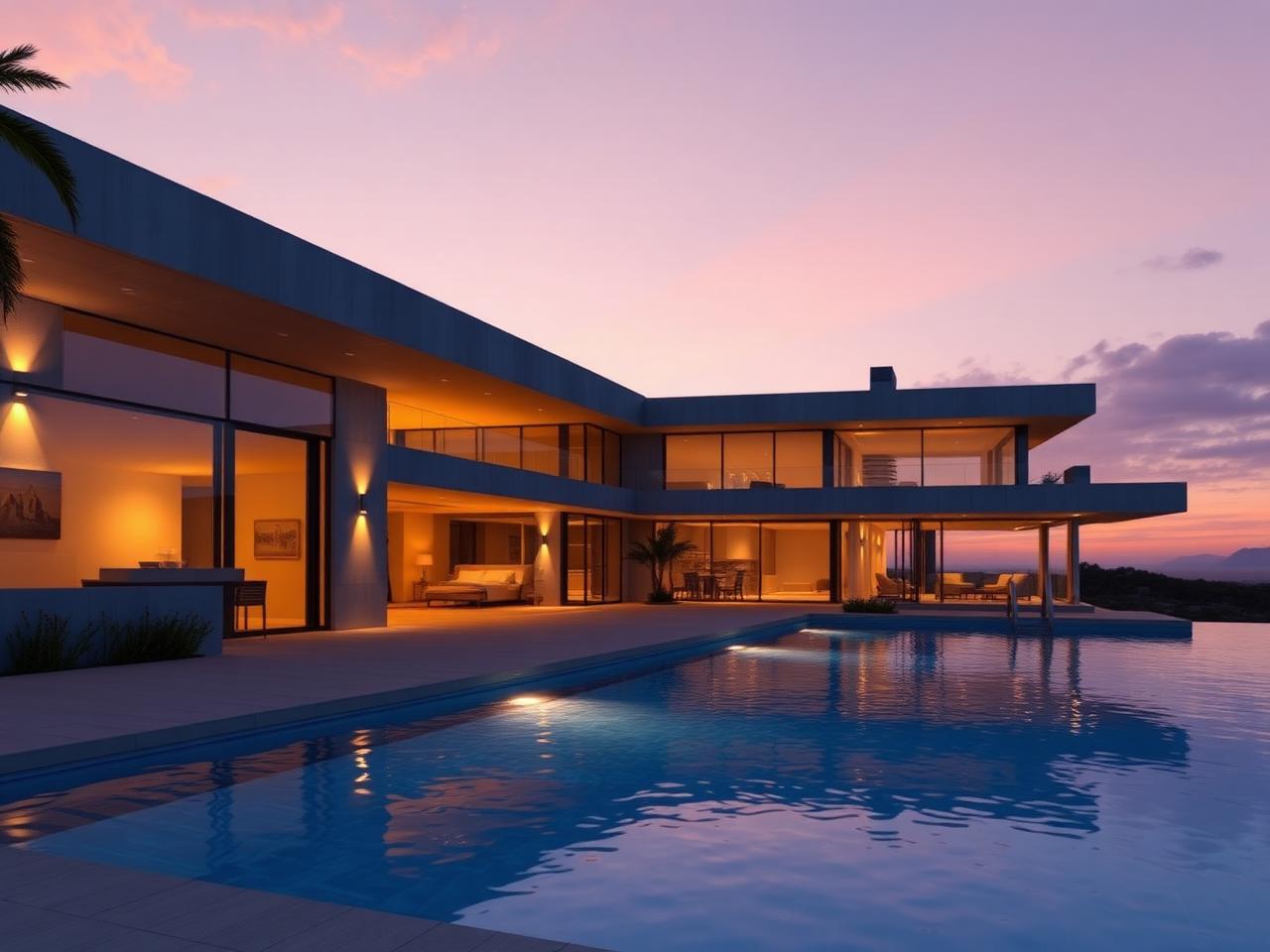 Photoreal exterior render of a modern villa with infinity pool at dusk