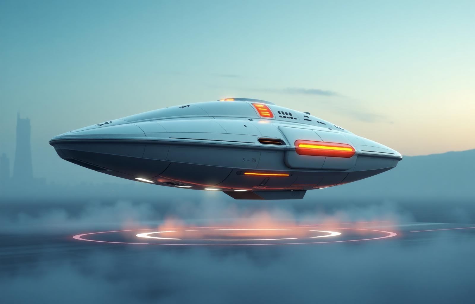 Sleek sci-fi hovercraft hovering above a misty landing pad at dusk