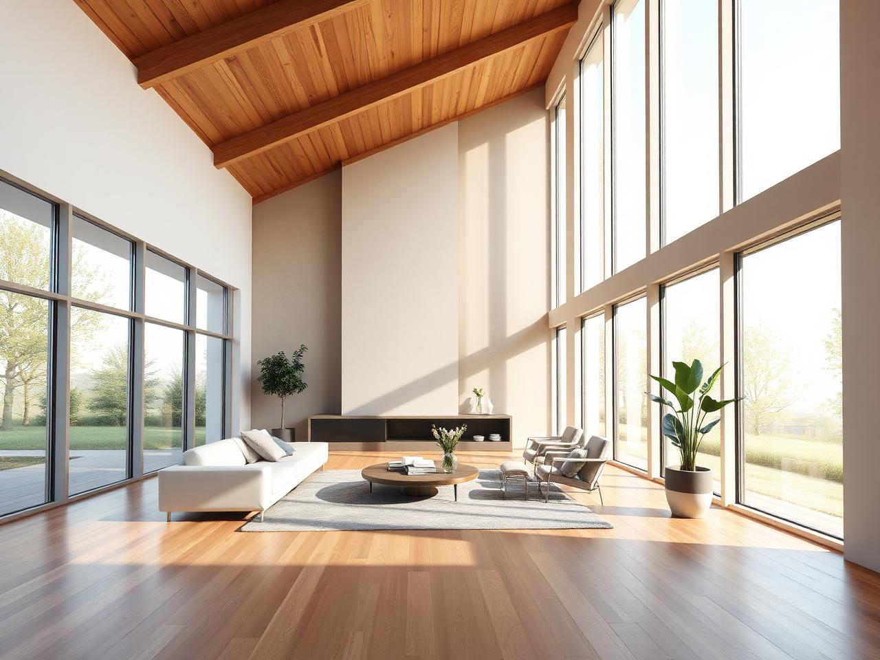 Bright minimalist living room with timber ceiling and large windows