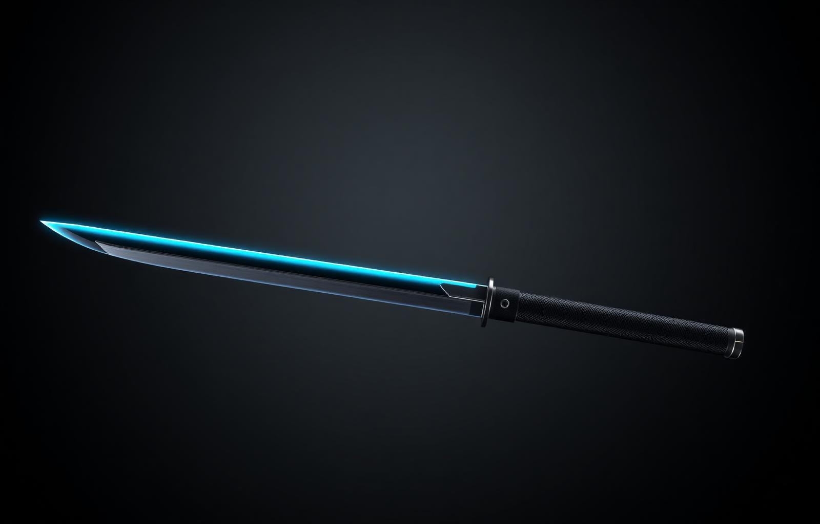 3D render of a cyberpunk katana with a glowing cyan energy edge