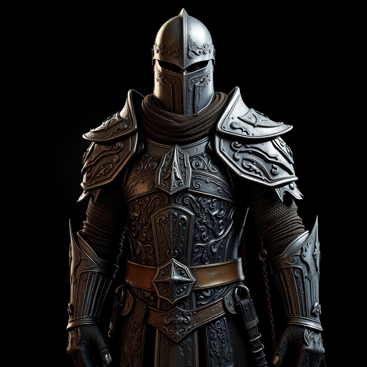 Photoreal 3D render of an engraved steel plate armored knight