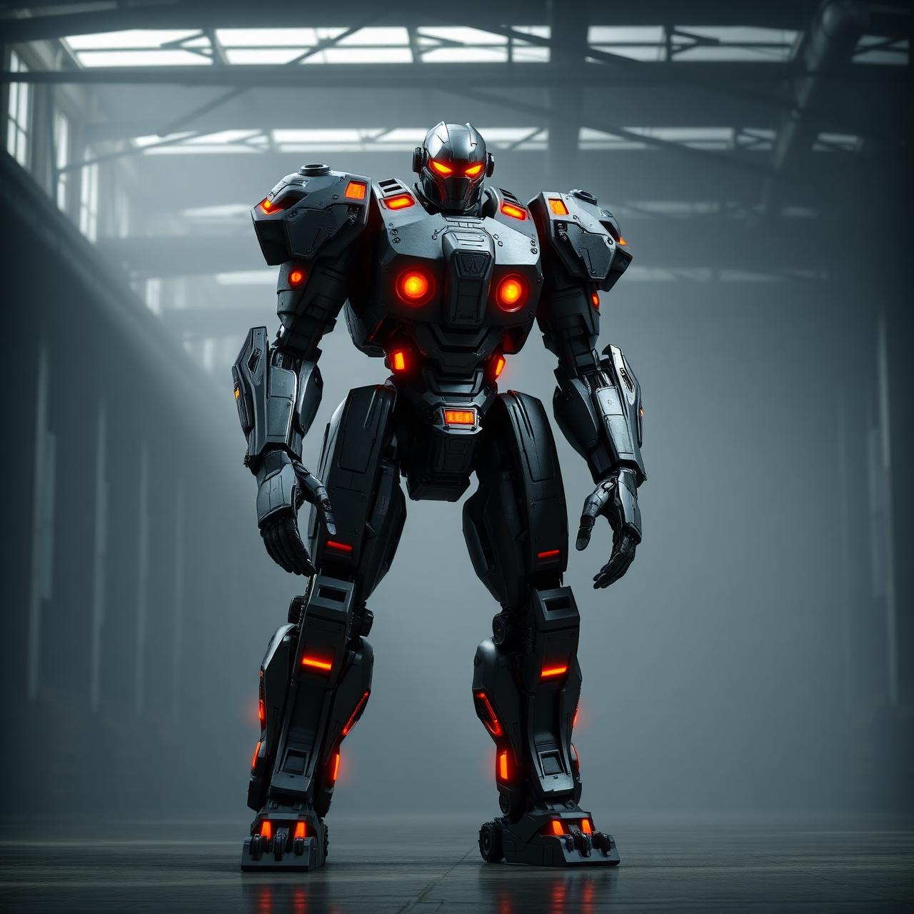 Humanoid combat mech robot with glowing orange joint lights
