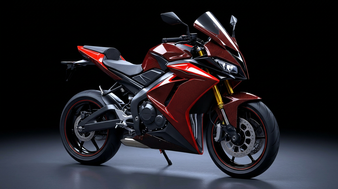 Photoreal sport motorcycle in carbon fiber red and black