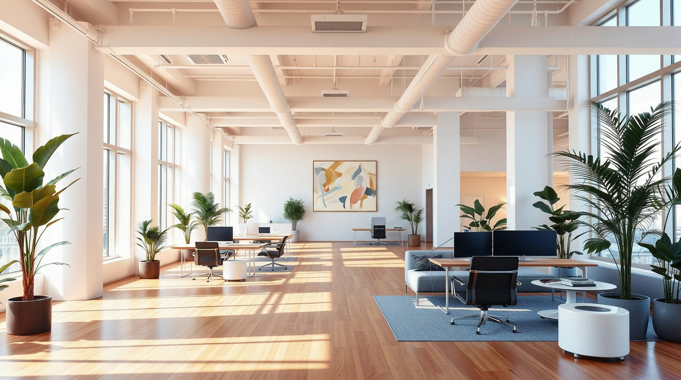 Bright modern open-plan office interior with plants and timber floors