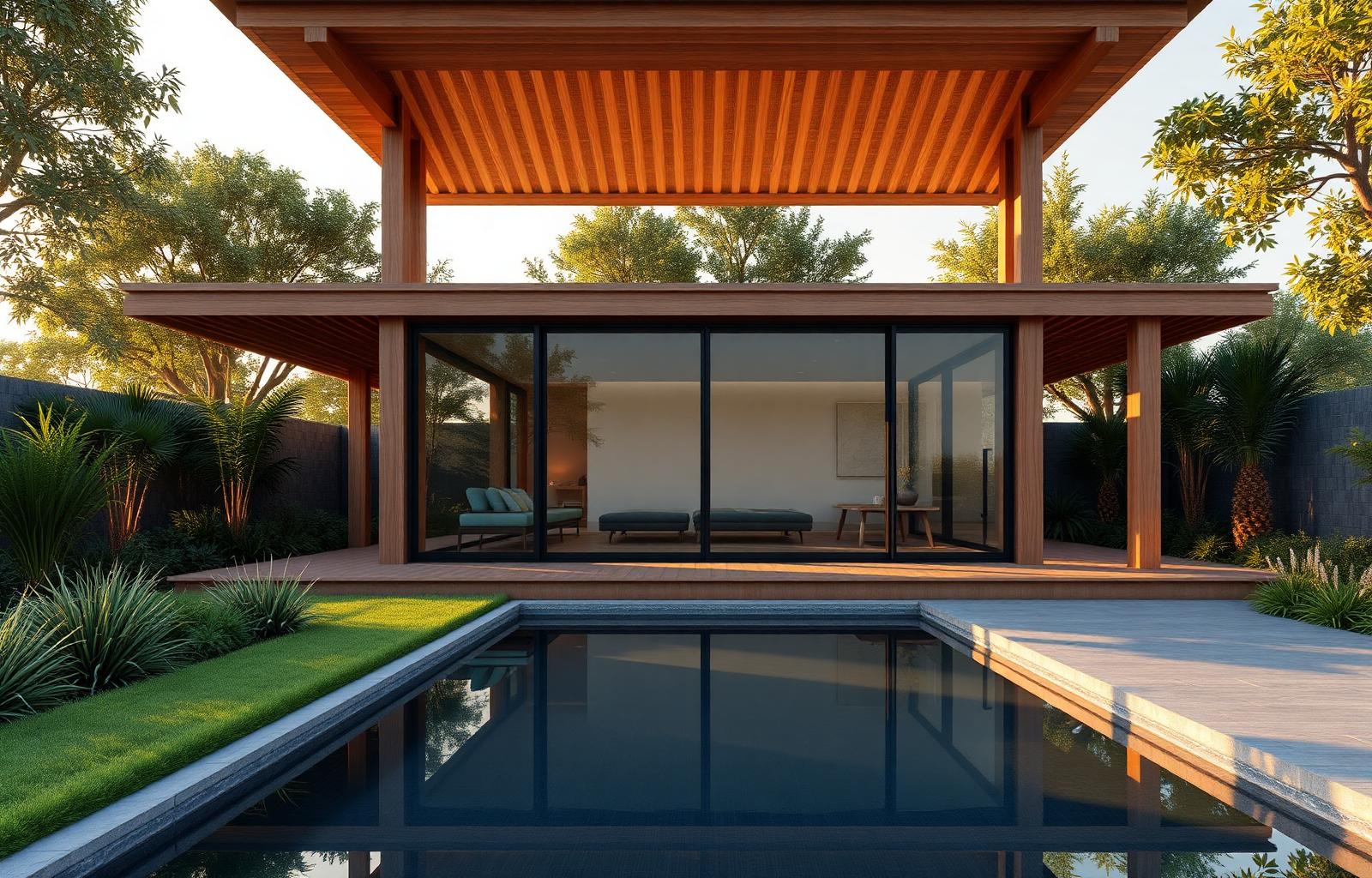 Modern timber and glass garden pavilion beside a reflecting pool