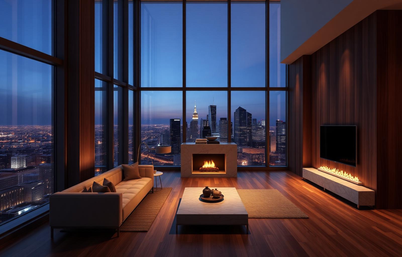 Luxury penthouse loft interior at night with city skyline view