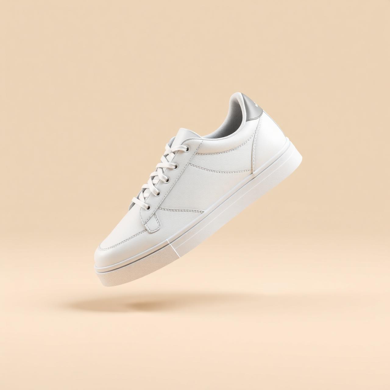 Minimalist white leather sneaker floating on a soft beige background